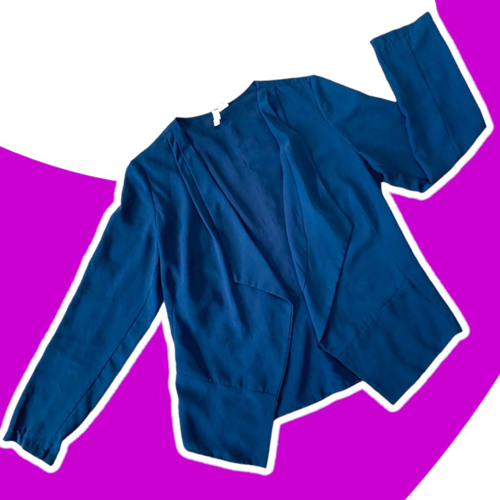 Lightweight Long Sleeve Navy Blue Front Open Blazer, Size Large, Semi Sheer